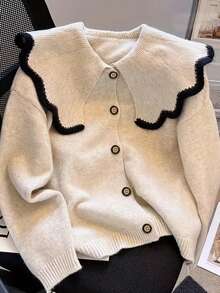 Women's Casual Oversized Collar Contrast Color Cardigan Top, Versatile For Autumn/Winter