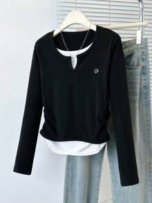 Minimalist Sexy V-Neck Long Sleeve T-Shirt, Minimalist Design Base Layer Top Black Spring - Black - View 3
