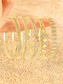5/1pc Multi Shaped Zirconia Gold Bracelet Set, Exquisite Copper Bracelets With Geometric, Floral And Other Designs, Perfect For Any Occasion As Exquisite Jewelry Embellishing The Wrist