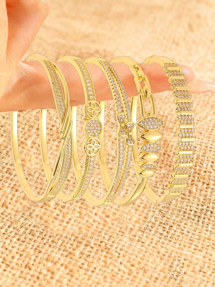 5/1pc Multi Shaped Zirconia Gold Bracelet Set, Exquisite Copper Bracelets With Geometric, Floral And Other Designs, Perfect For Any Occasion As Exquisite Jewelry Embellishing The Wrist