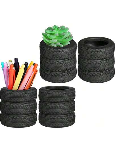 Tire Shaped Pen Holder Car Tire Planter Holder For Men Mechanic Gift Desk Office Home School Accessories Decor Christmas Novelty Funny Supplies Cactus Succulent Planter Pot