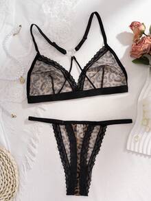 1 Set Women's Leopard Lace Wireless Bra & Panty Set, Sexy Sheer Mesh Lingerie - Multicolor - View 4