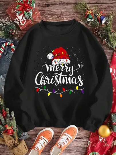 Merry Christmas Lights Red Santa Hat Xmas Family Men Women Sweatshirt Fall Clothes For Women Long Sleeve Tops Black Tops Christmas Sweatshirts