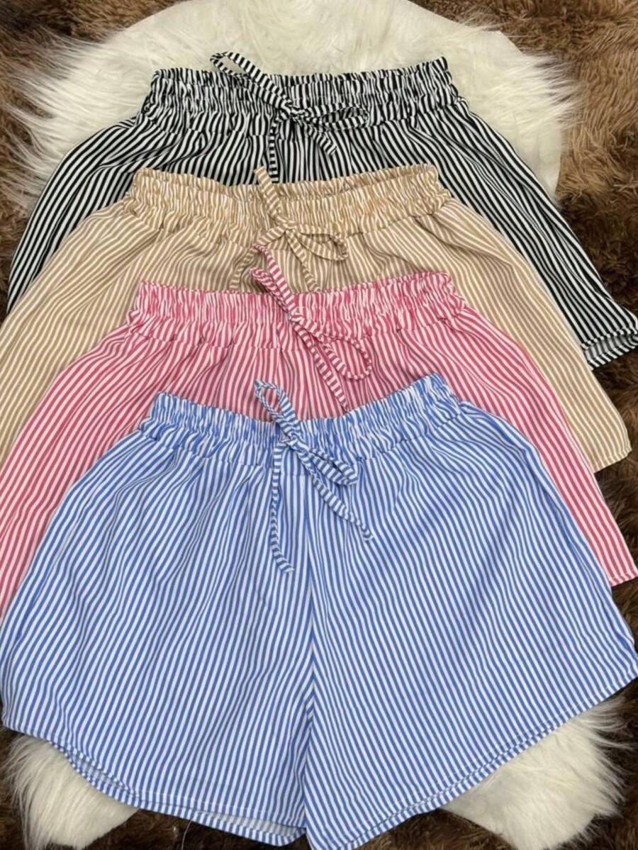 KITS OF 4 FOUR STRIPED MATCHING SHORTS - SUMMER - Black Caramel Baby Pink and Baby Blue - View 1
