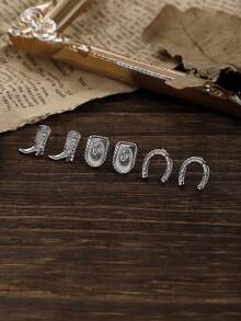 3 Pairs Of Vintage Western Alloy Texture Cowboy Hat, Boot, Horseshoe, Cactus Earrings Set, Holiday Gift & Daily Wear - Silver - View 4