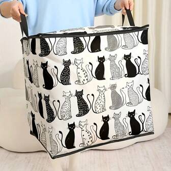 Grande boîte de rangement, boîte de rangement pour vêtements - Impression de motif de chat à pois noirs et blancs, sac de rangement pliable grande capacité convenant aux couvertures, aux édredons et aux vêtements - Sac de rangement en tissu non tissé durable avec fermeture éclair robuste et poignées renforcées, décoration de Noël, cadeau de Noël abordable