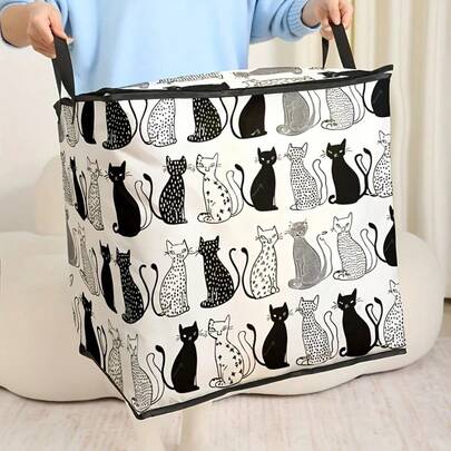 大容量收纳盒，衣物收纳箱 - 黑白波点猫咪图案印花，大容量可折叠收纳袋，适用于收纳毯子、被子和衣物 - 耐用无纺布材质，配有结实拉链和加固提手，圣诞装饰，经济实惠的圣诞礼物