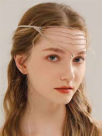 Bohemiskt mode flerskiktat kristallvattendroppehänge huvudbonad, glamorös festklänningssmycke accessoar för kvinnor, huvudbonad, hårrankkedja