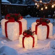 Juego de 3 cajas de regalo navideñas iluminadas, adornos navideños para exterior, adornos para árbol de Navidad, cestas de regalo navideñas iluminadas para decoración de jardín (blanco, 15/20/25 cm) - A - Ver 5