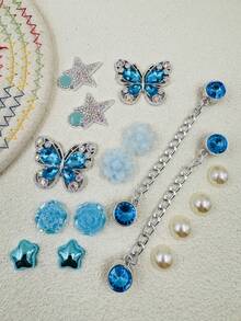 16件套蓝色珍珠花朵、蝴蝶、爱心鞋饰套装，适用于鞋履配件、腕带、拖鞋、DIY - 彩色 - 查看 3