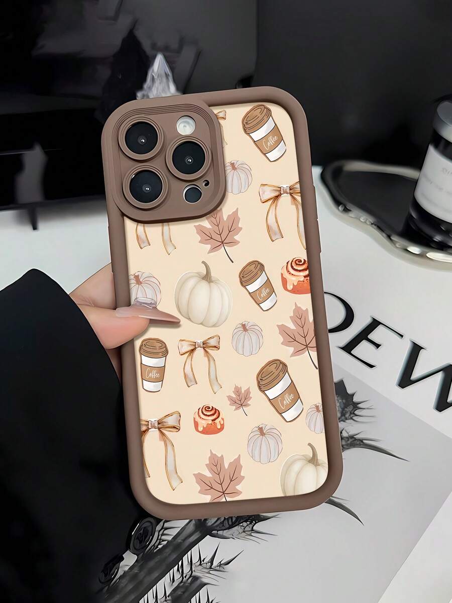 Funda para móvil con temática otoñal, diseñada con tazas de café y calabazas, compatible con 17, 16, 16 ProMax, 15, 15 ProMax, 14, 13, 12 y 11 Pro. Fabricada en TPU, ofrece protección a prueba de golpes. Perfecta para familiares, amigos, niños, cumpleaños, reuniones de otoño, noches acogedoras y celebraciones de Halloween. - Marrón - Ver 1