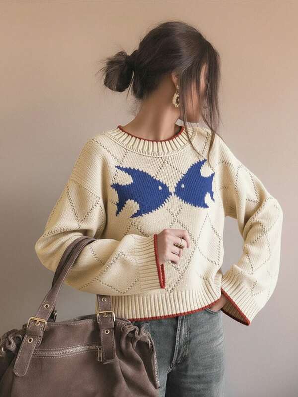 Fall Outfits Women Women's Plus Size Fashionable Fish Embroidered Long Sleeves Sweater,Off The Shoulder Sweater,Simple, Cute And Versatile, Suitable For Daily Wear, Commuting, Shopping Christmas Sweater Clothing