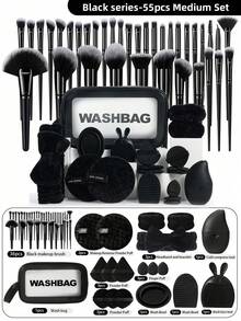 55PCS Makeup Tools Set Including:1pc Multi-Functional Zipper Toiletry And Cosmetic Bag Waterproof+3PCS Triangle Powder Puffs+3PCS Mini Air Cushion Powder Puffs+3PCS Air Cushion Powder Puff+1pc Hairband+2PCS Hand Bowl Strap+2PCS Facial Cleansing Sponges+2PCS Makeup Brush Cleaning Tools+1pc Facial Ice Compress+1pc Silicone Soft Hair Facial Tool,Giveaways,Professional Makeup Brushes,Complete Makeup Set - Black - View 1
