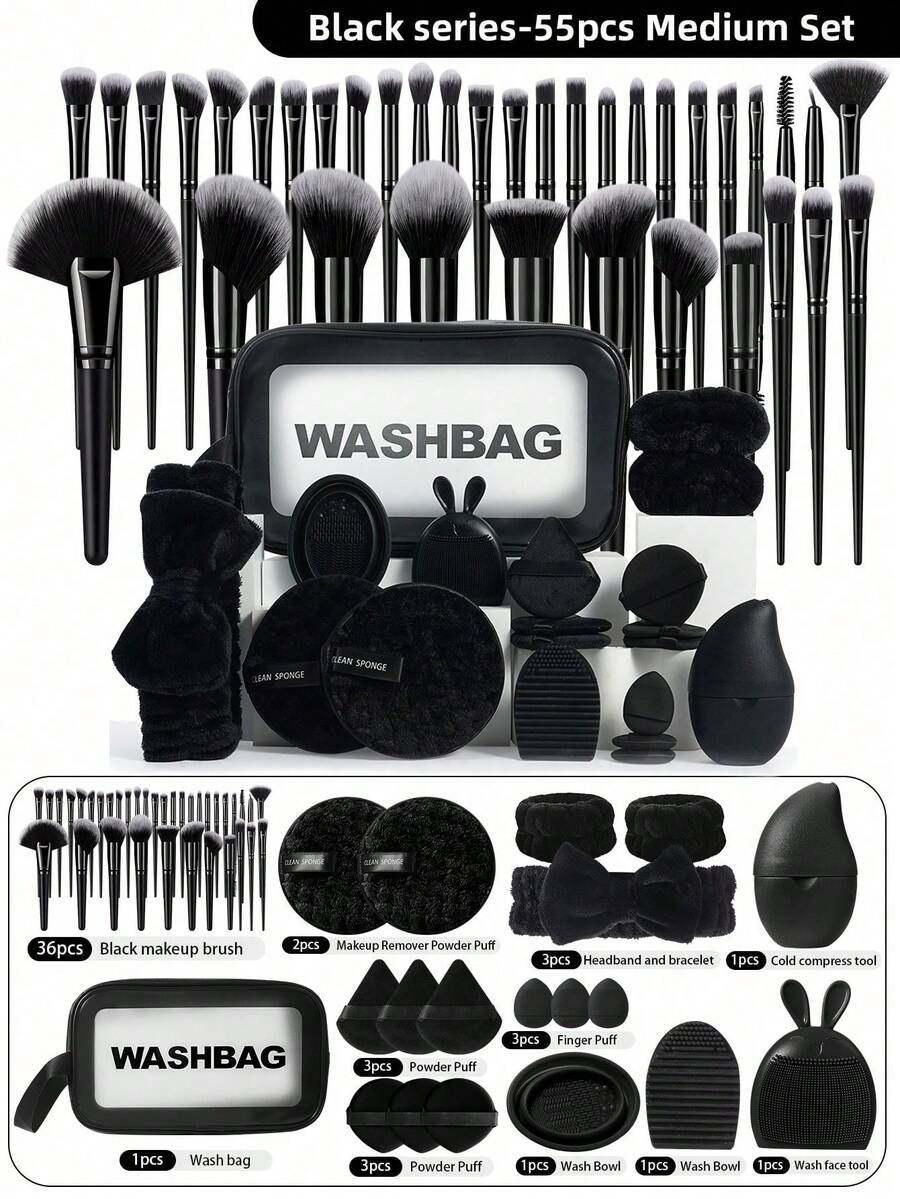 55PCS Makeup Tools Set Including:1pc Multi-Functional Zipper Toiletry And Cosmetic Bag Waterproof+3PCS Triangle Powder Puffs+3PCS Mini Air Cushion Powder Puffs+3PCS Air Cushion Powder Puff+1pc Hairband+2PCS Hand Bowl Strap+2PCS Facial Cleansing Sponges+2PCS Makeup Brush Cleaning Tools+1pc Facial Ice Compress+1pc Silicone Soft Hair Facial Tool,Giveaways,Professional Makeup Brushes,Complete Makeup Set - Black - View 1