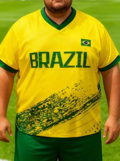 10# Plus Size Men's Yellow Baseball Jersey, Loose Fit Short Sleeve Pullover With Brazil Text Embroidery, Suitable For Casual, Streetwear, Party, Sports, Workout, Gifts For Men Summer