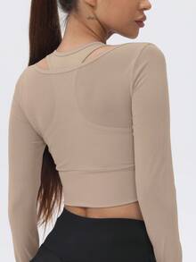 1件装女士网眼长袖短款瑜伽运动T恤，内置胸垫