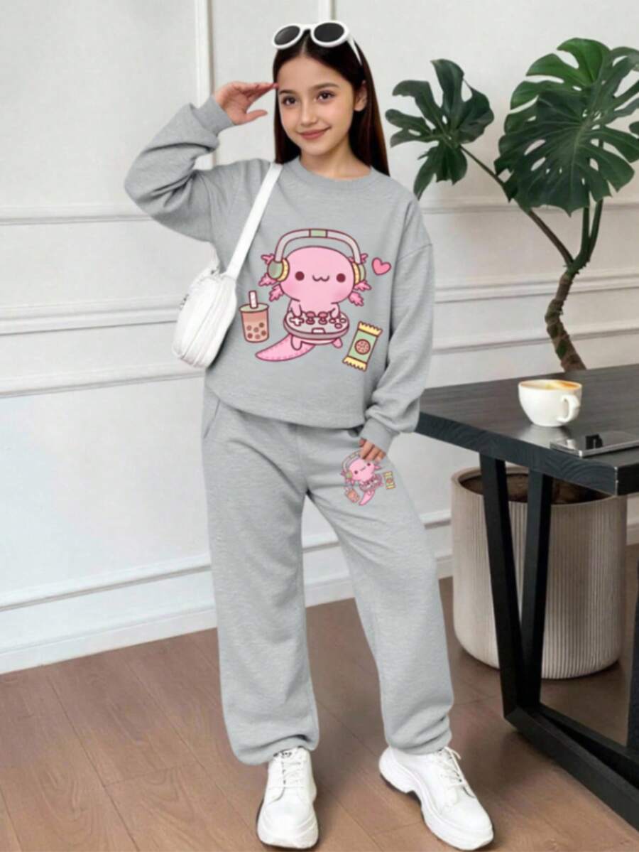 2pcs Set, Young Girl Cartoon Print Crew Neck Sweatshirt And Cuffed Pants, Casual, Autumn,Daily Wear,Back To School Outfits - Grey - View 1