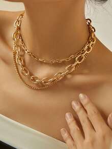 3 件套分层嘻哈风格女士项链，时尚、优雅、百搭，适合派对、海滩、日常休闲装、节日礼物（手工制作，误差 1-3 厘米） - 金黃色 - 查看 4
