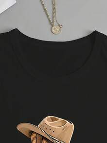 [Cowboy Boot Print Tee] Western Cowboy Boot Print Long Sleeve T-Shirt - Casual Polyester Fabric, Regular Fit, Autumn/Winter Fashion Top For WomenNew Women's T-Shirt: Casual And Versatile For Back-To-School Season High Value For Money, Soft And Skin-Friendly - 黑色 - 查看 3