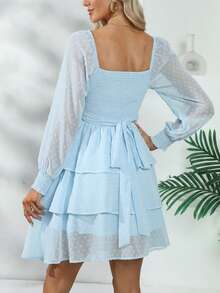 Vestidos Casuales de Manga Larga con Mangas de Rejilla para Mujer, Casual y Elegante Reversible - Azul - Ver 4