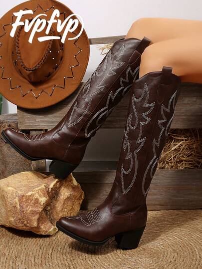 FVPFVP Fall/Winter Vintage Embroidered Western Cowgirl Boots For Women, New 2025 Summer Riding Boots, Chunky Heel Brown Tall Boots, Slim Fit Women Shoes,Cowboy Boots