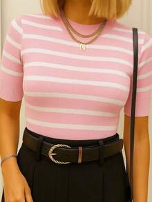 Women's Striped Short-Sleeve Modal Knit Blouse - 淺粉色 - 查看 2
