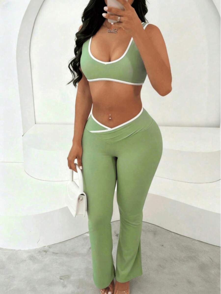 Women's Summer Sports Set, Comfortable Elastic Sports Pants, 2 Pieces Outfit - Green - View 1