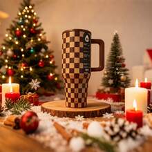 Brown Checkered Design 40 Oz Large Capacity Stainless Steel Vacuum Insulated Travel Mug An Excellent Choice For Valentine's Day Gifts, Also Suitable For Graduation Gifts, Teacher's Day Gifts, Birthday Gifts, Thanksgiving Gifts, Christmas Gifts,  Party Supplies And Other Occasions Versatile For Office, Car Use, Gym, Outdoor Activities, Sports And Travel Dual-Purpose For Both Hot And Cold Beverages - Kẻ caro nâu - Xem 3