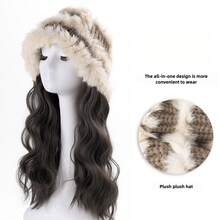 Women's Hat & Wig In One - Winter Warm Knit Hair System With Natural Realistic Long Curly Brown Hair, Body Wave Texture, Comfortable & Easy Care, Ideal For Daily Outdoor Use, All Light Beige Tones (Brown/Blonde/Black/Red/Gray/White) - Versatile For Casual & Formal Events - 棕色黑色針織帽 - 查看 3