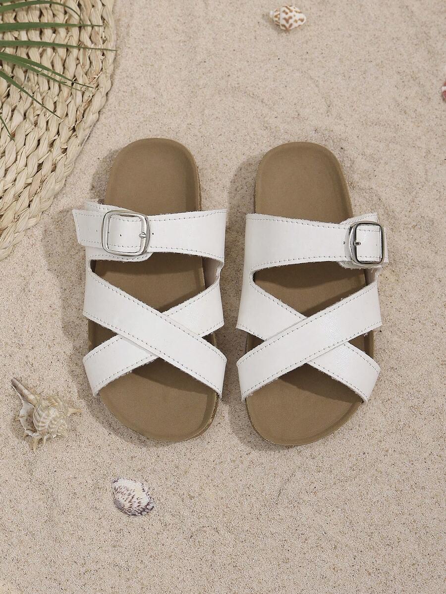A Pair Of Children's Cross-Buckle Boken Flip-Flops - Black And White Classic Design, Simple, Fashionable, Casual And Comfortable. It's An Excellent Choice For Campus Life, Daily Wear, Beach Play And Park Walk, And Can Be Easily Matched With Various Outfits - White - View 1