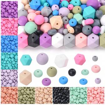 120颗硅胶珠饰品制作套装 - DIY工艺配件，时尚装饰珠和串珠笔用品，多种形状（圆形、椭圆形、多边形）和尺寸（9毫米、12毫米、19毫米），非常适合制作项链、手链、钥匙扣和工牌挂绳，男女皆宜，是送给女性、男性、手工爱好者、学生和上班族的理想礼物。