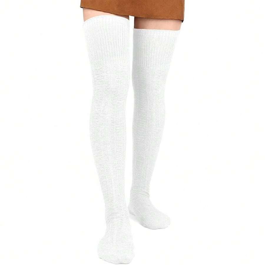 Women Thigh High Socks Extra Long Cotton Knit Warm Thick Tall Long Boot Stockings Leg Warmers,28126065 - trắng - Xem 1