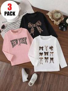 3 件套女童休闲印花圆领长袖 T 恤，秋季学生小童上衣 - 引人注目的 T 恤一定会让孩子们露出笑容 - 粉色 - 查看 3