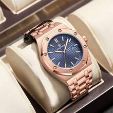 Luxury Business Men's Wristwatch, Waterproof, Luminous, Date Display, Stainless Steel Fashion Quartz Watch, Japanese Quartz Movement, Crystal Heart Design, Rose Gold, Father's Day Gift, Brother's Graduation, Parrot Back To School Essential - Multicolor - View 2