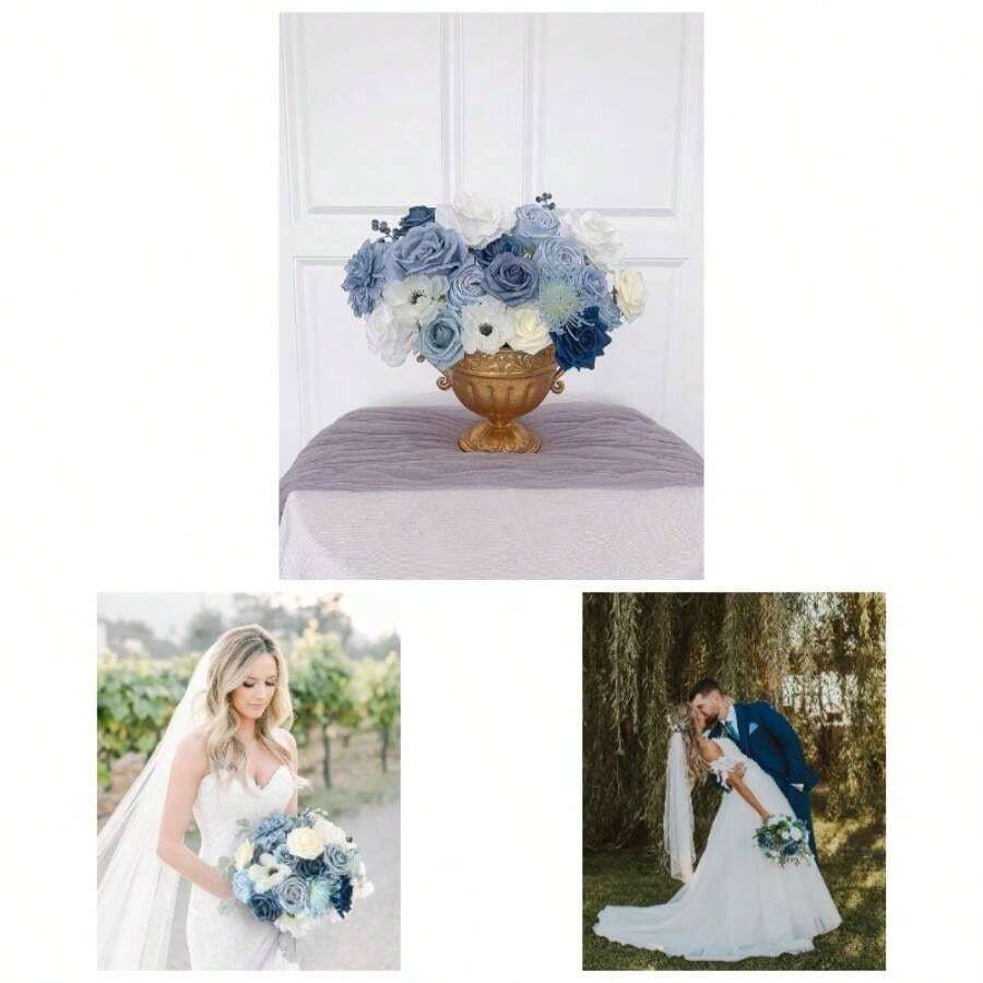 Roses Artificial Flowers Pink Bouquets Box Set Bridal Wedding Shower Decorations Floral Arrangements Party Table Centerpieces Home Decor Indoor Outdoor Dusty Blush 19pcs - Q (Light Blue, Navy) - View 1