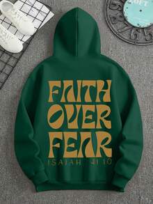 青少年男童休闲简约黄色字母印花长袖卫衣，适合秋冬季学生穿着 - 墨綠色 - 查看 1