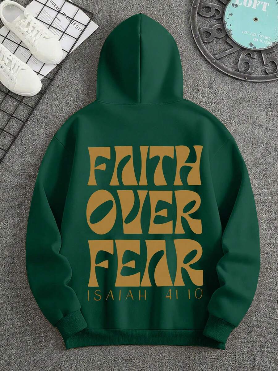 青少年男童休闲简约黄色字母印花长袖卫衣，适合秋冬季学生穿着 - 墨綠色 - 查看 1