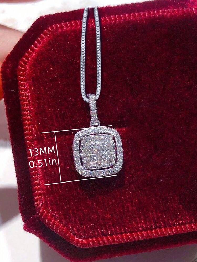 1pc Light Luxury Style Square Cubic Zirconia Pendant Necklace, Fashionable And Simple Jewelry For Women's Daily Wear