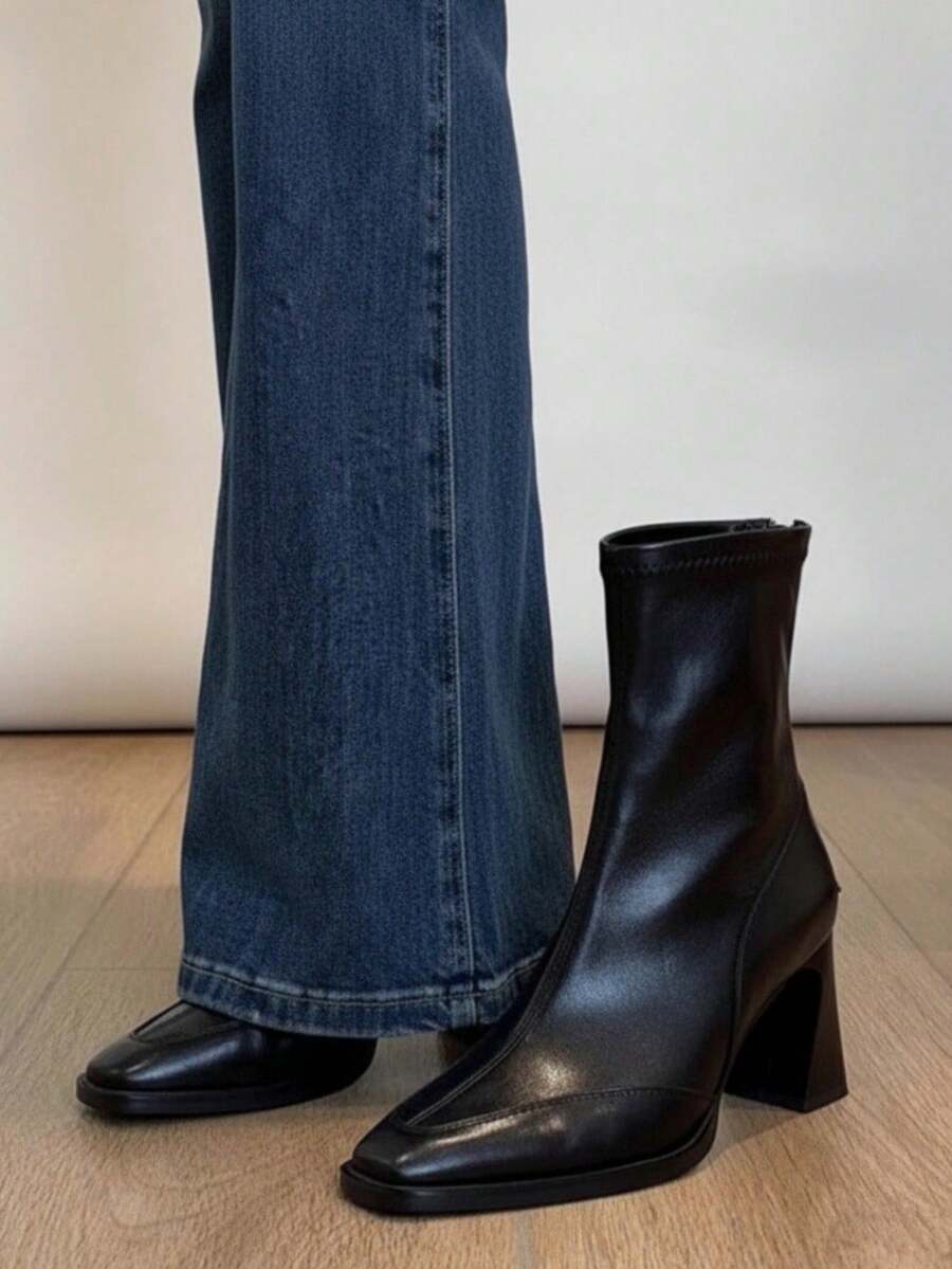 Giày bốt cổ ngắn mũi vuông Thu/Đông 2025 dành cho nữ, kiểu Pháp, gót dày vừa phải, bốt ôm sát, co giãn. - màu đen - Xem 1