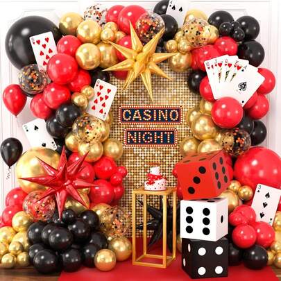 129pcs Casino-Themed Balloon Wreath Set, Includes Exploding Star Foil Balloons And Black, Red, Gold, And Confetti Latex Balloons, Perfect For Birthday Parties, Party Decorations, Casino Royal Decorations, And Las Vegas-Themed Party Supplies.