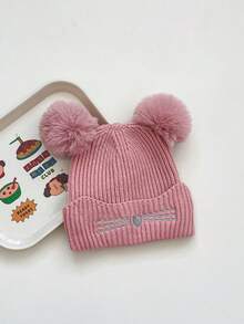 Kids Knitted Knitted Hat With Double Pom Poms And Heart Embroidery, Ear Warmer, Autumn/Winter - Double-ball Embroidered Heart Knitted Hat - View 6