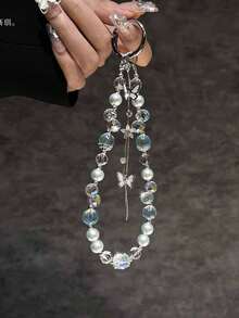 奢华闪亮蝴蝶水钻串珠手机手链带饰链结手机挂绳钥匙扣包相机钥匙扣吊坠礼物送给母亲、家人、朋友、生日、节日手机饰物、手机链 - 蝴蝶串珠 - 查看 8