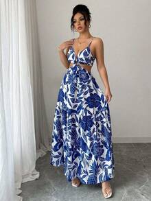 Women's Long Printed Dress With Side Cutouts And Front Ring, Elegant Look - Màu xanh lam - Xem 7