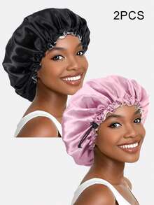 1入組女士雙層緞面睡眠帽，適用於美容，護髮，化療，配有可調節扣環，適用於日常使用的絲綢帽，緞帽 - 黑色 - 查看 8