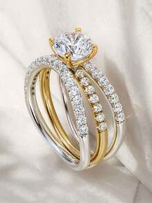 Caixa de presente de luxo, anéis glamorosos de zircônia cúbica empilhados em ouro e prata de alta qualidade, joias super brilhantes e elegantes para presentear mulheres, adequadas para casamento, noivado e festas - Ouro e Prata - Ver 2