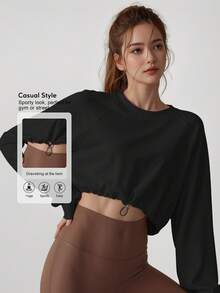 Sodalemon Femmes Top de Gym Couleur Unie Col Rond Manches Longues Cordon de Serrage à la Taille Sweat-shirt d'Entraînement Vêtement de Yoga Décontracté Extérieur Course Sport T-Shirt