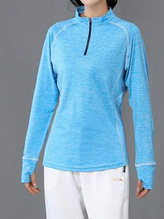 Suéter de cuello alto de manga larga con media cremallera para mujer, adecuado para tenis, golf, bádminton, voleibol, tenis de mesa, deportes de ocio al aire libre, camiseta de manga larga elástica, de secado rápido y transpirable