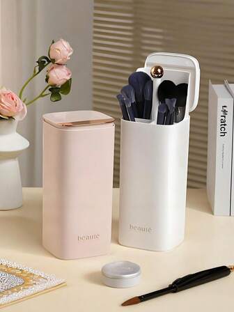 套装：原创设计按压式防尘化妆刷收纳盒，四格大容量塑料刷架，塑料台面梳妆台收纳盒