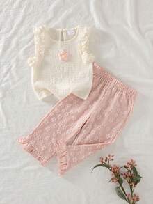 2件套女婴花朵提花吊带背心和阔腿长裤套装，甜美清凉风格，可爱优雅