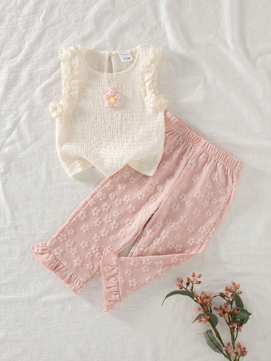 2件套女婴花朵提花吊带背心和阔腿长裤套装，甜美清凉风格，可爱优雅
